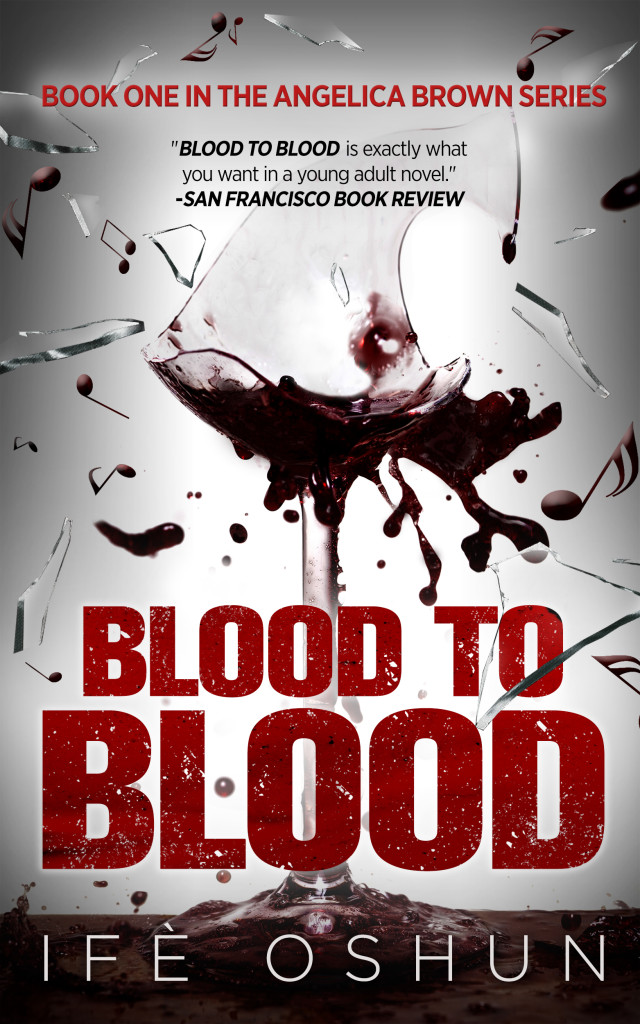 Cover art of Book One of the Angelica Brown series: Blood to Blood. A wine glass full of blood explodes into shards of flying glass and flying musical notes.  Order Autographed Copies