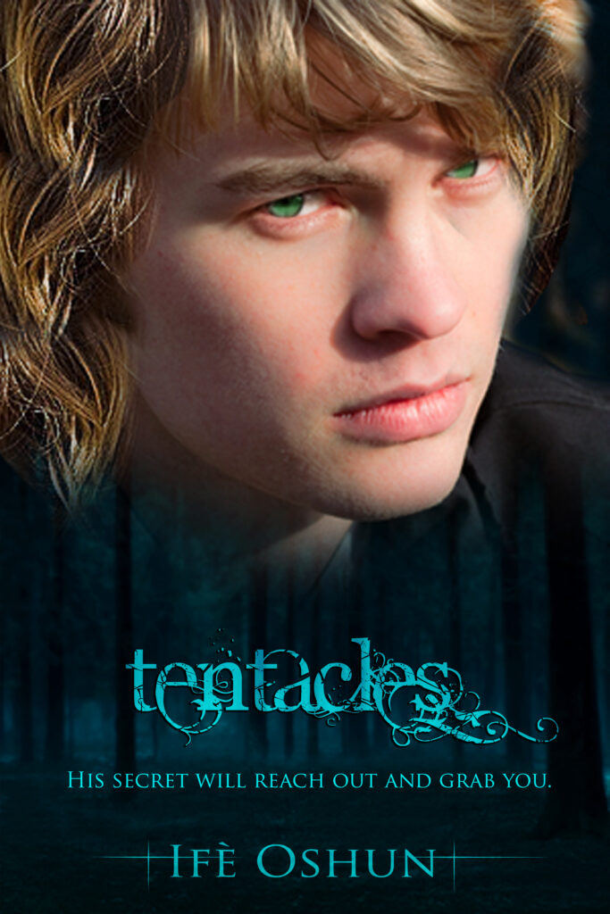 Cover of tentacles by Ife Oshun shows a close up floating head of Sawyer Creed, glaring at the viewer, eyes glowing bright green